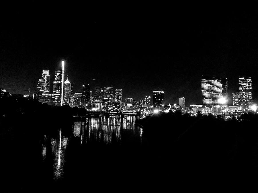 Philadelphia Skyline at Night Black and White Photograph by Ed Sweeney