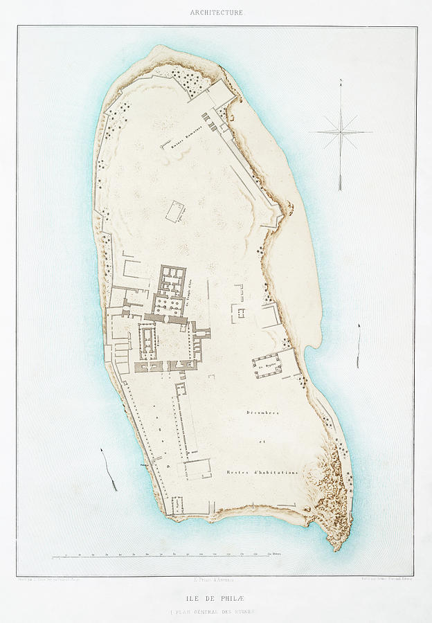 Map Drawing - Philae Island general plan of the ruins 1878 by Emile Prisse d Avennes