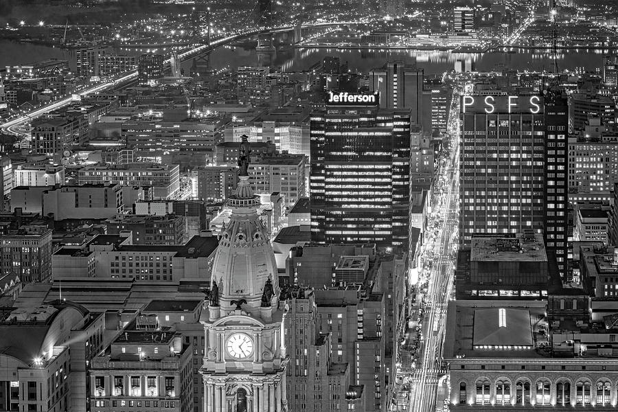 Philly Twilight From Above BW Photograph by Susan Candelario