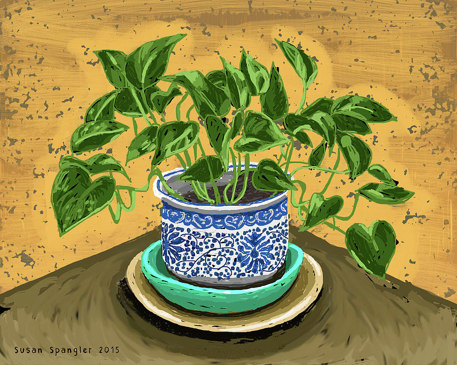 Philodendron in blue and white pot Painting by Susan Spangler