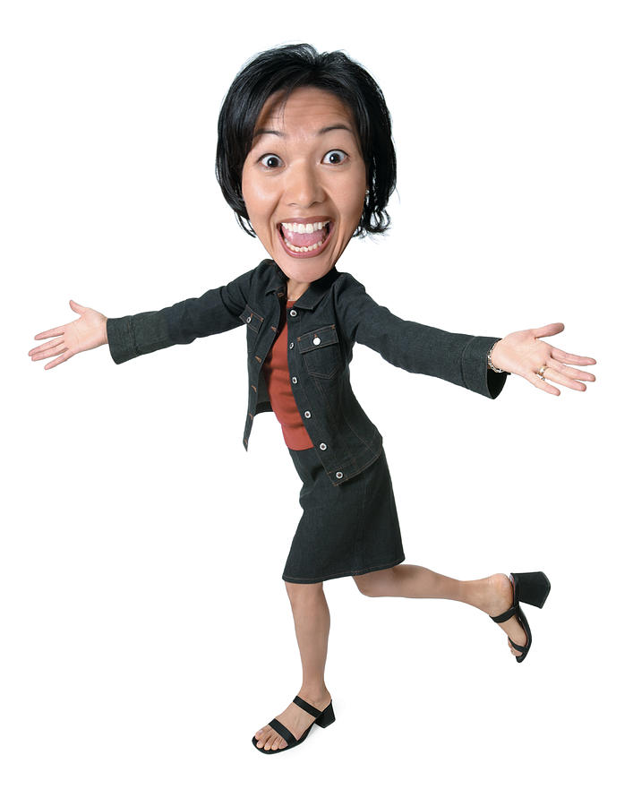 Photo Caricature Of An Asian Woman In A Skirt And Jacket As She Runs Spreads Out Her Arms While Smiling Photograph by Photodisc
