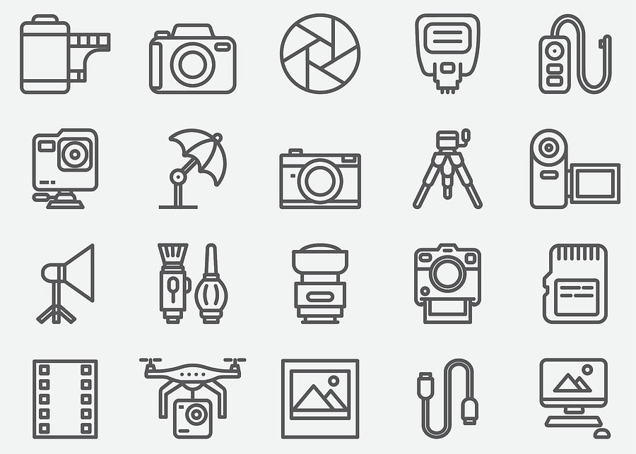 Photography and Camera Accessories Line Icons Drawing by LueratSatichob