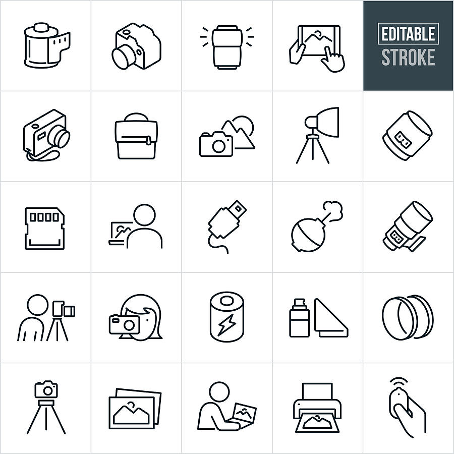 Photography Thin Line Icons - Editable Stroke Drawing by Appleuzr
