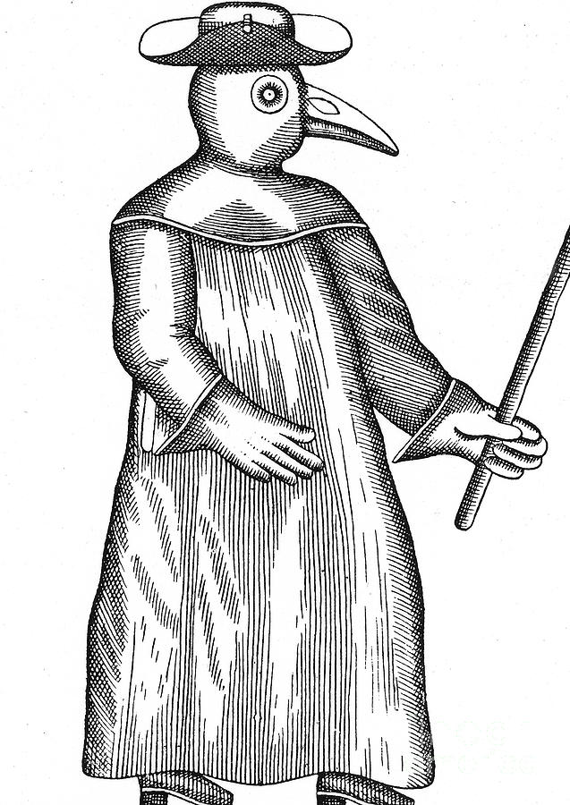 Physician in protective clothing during an outbreak of Plague Drawing