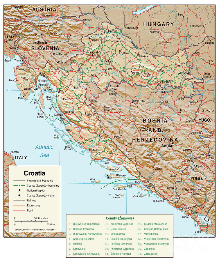 Physiographic Map Of Croatia, 2001 Drawing by Granger