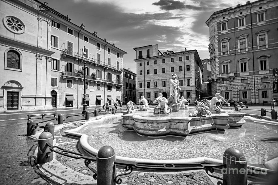 Piazza Navona in Rome - Fontana del Moro BW Photograph by Stefano Senise