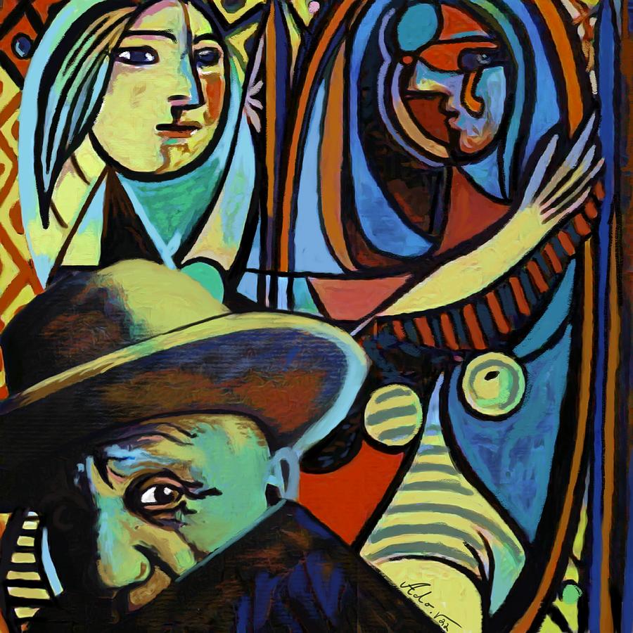 Picasso with the woman in the mirror Painting by Ado Val | Fine Art America