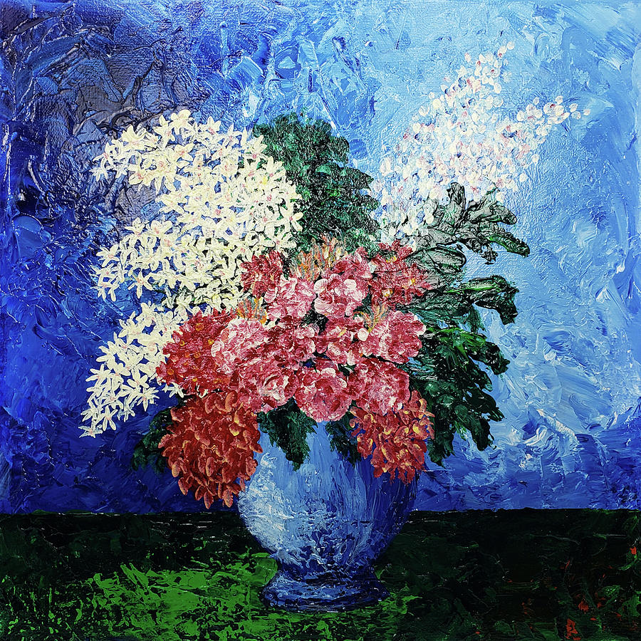 PICASSOS FLOWERS Abstract in Blue Red White Painting by Lynnie Lang