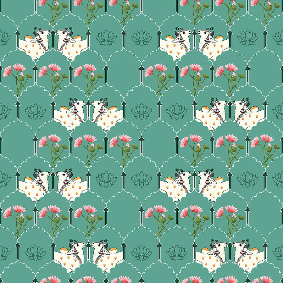 pichwai Cow and Lotus Pattern - Turquoise Digital Art