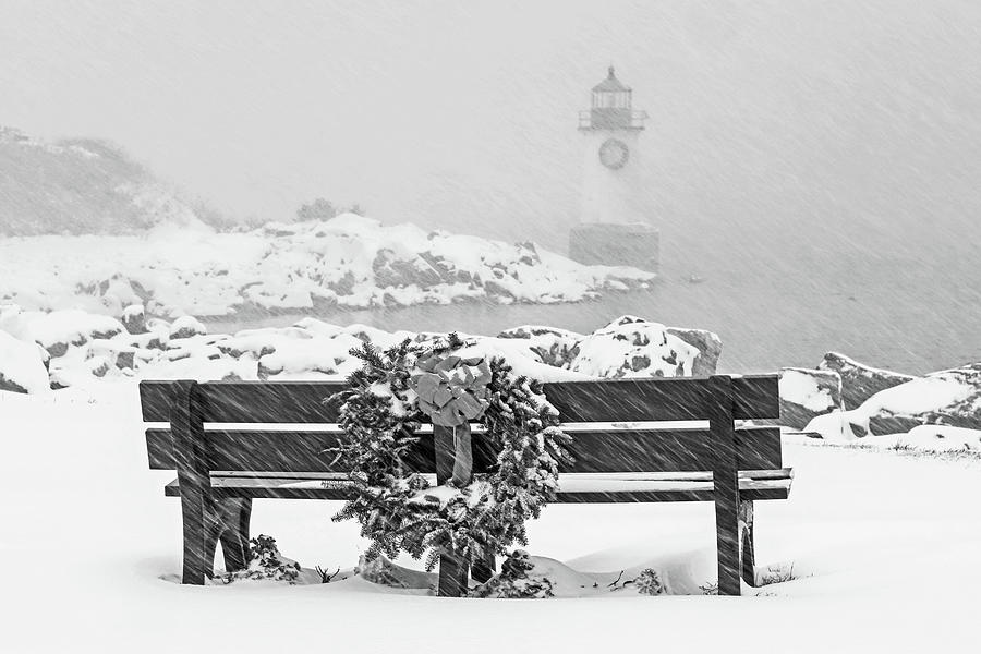 Pickering Light during a snowstorm Winter Island Salem MA Bench Wreath Black and White Photograph by Toby McGuire