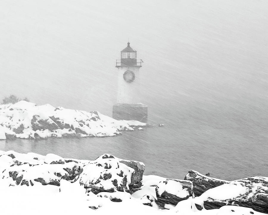 Pickering Light during a snowstorm Winter Island Salem MA Black and White Photograph by Toby McGuire