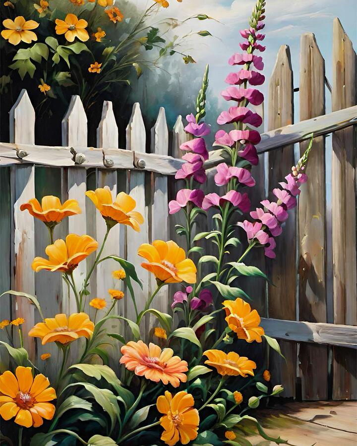 Flower Mixed Media - Picket Fence Garden by Bonnie Bruno