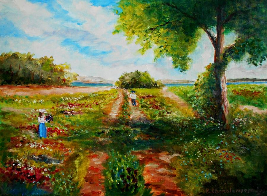 Picking Spring  flowers Painting by Konstantinos Charalampopoulos