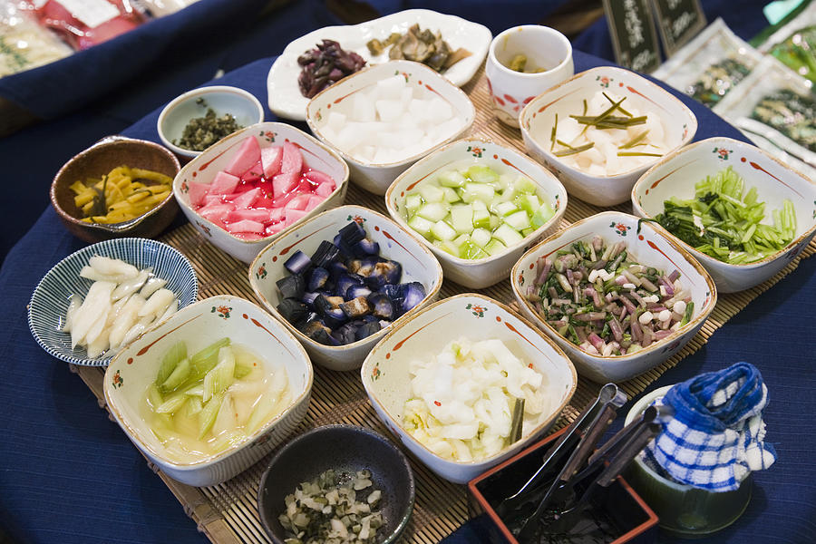 Pickles or tsukemono, a side dish or okazu, vegetables preserved in sauces, traditional Japanese cooking in a food market in Kyoto, Japan Photograph by David Clapp