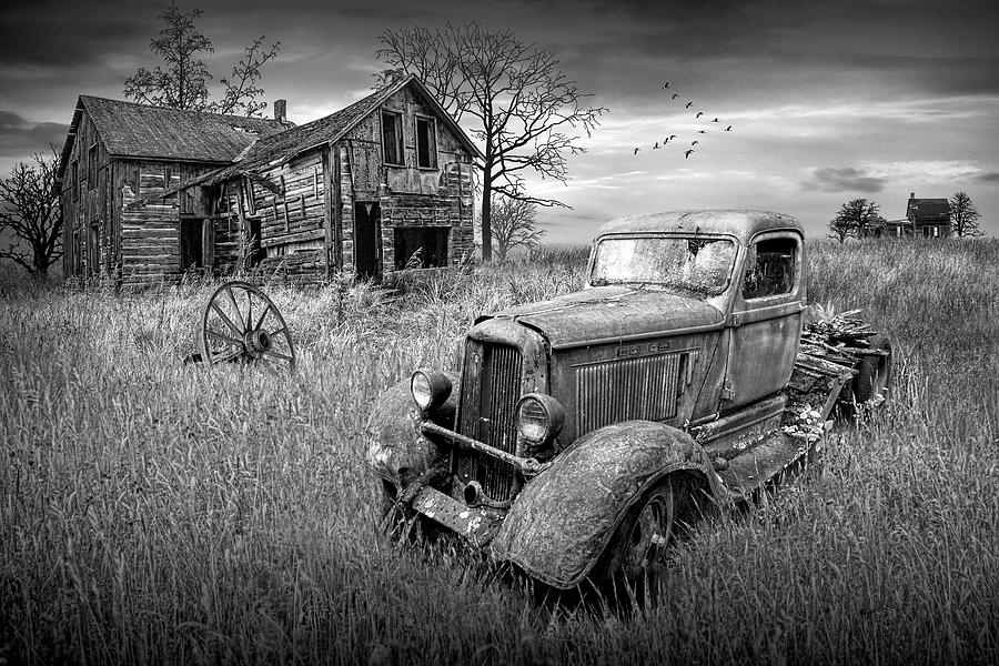 Pickup Truck and Farm House in Black and White at Sunset White a ...