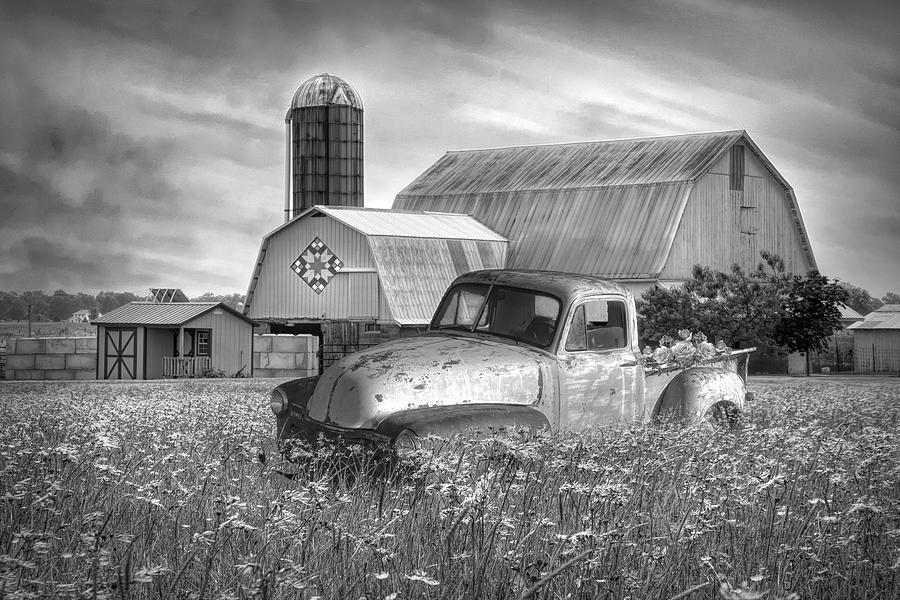 Pickup Truck in the Farm Wildflowers Black and White  Photograph by Debra and Dave Vanderlaan