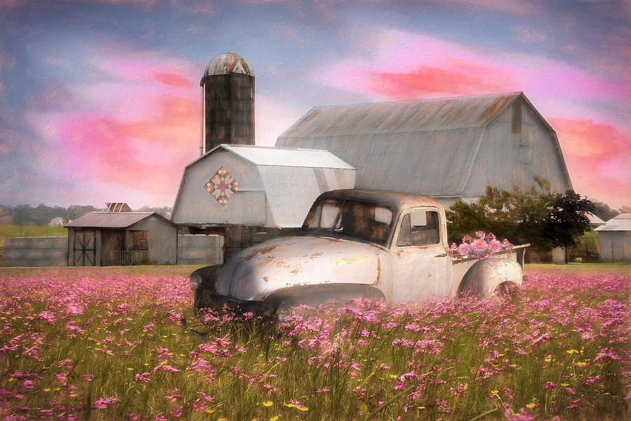Pickup Truck in the Farm Wildflowers Painting Photograph by Debra and Dave Vanderlaan