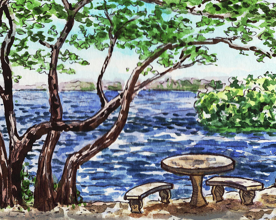 Picnic Area At The Rocky Beach Ocean Bay Shore Watercolor Painting by Irina Sztukowski