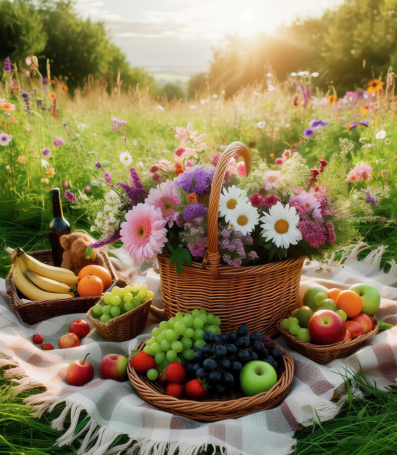 Picnic basket with fruits and blooming flowers in the meadow Photograph by Michalakis Ppalis