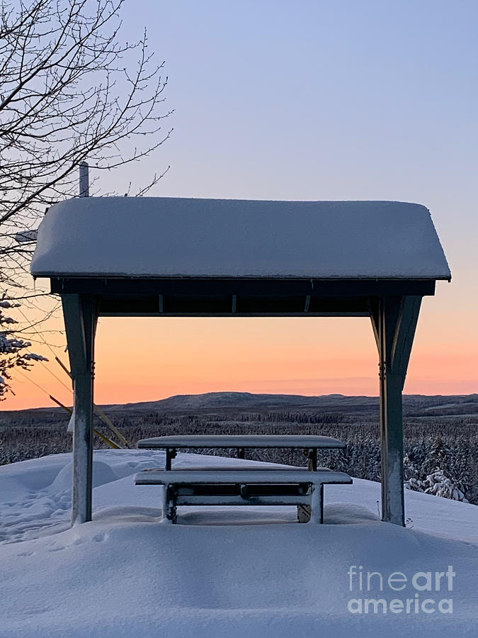Picnic Table Winter Sunset Photograph by Judy Dimentberg