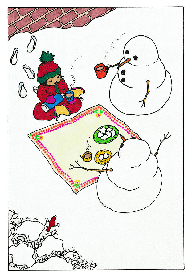 Picnic with Snowmen Drawing by Hawley Wright