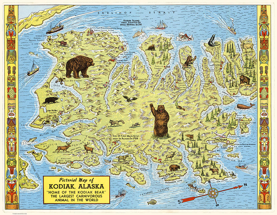 Pictorial Map of Kodiak, Alaska. Home of the Kodiak Bear Digital Art by ...