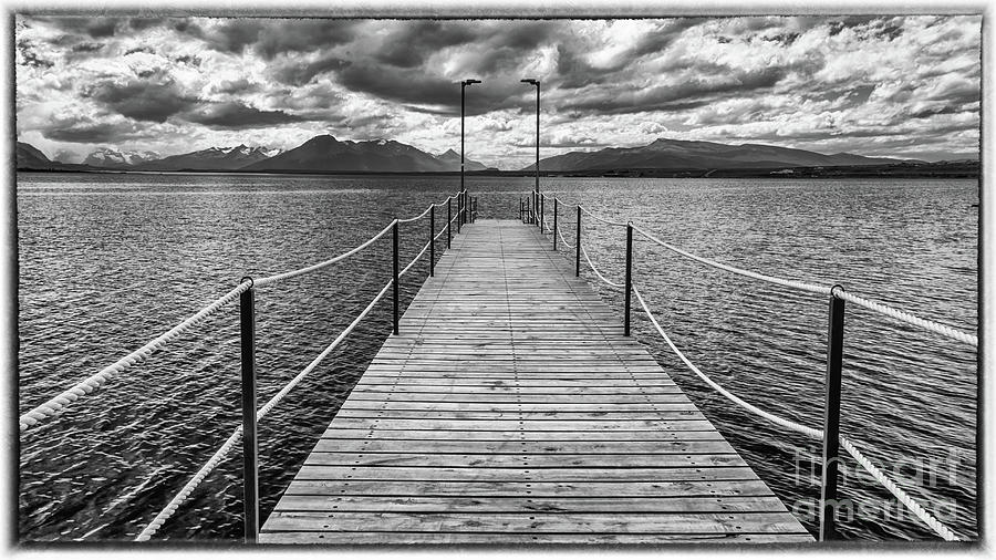 Jetty in Puerto Natales, Chile - black and white Photograph by Lyl Dil Creations