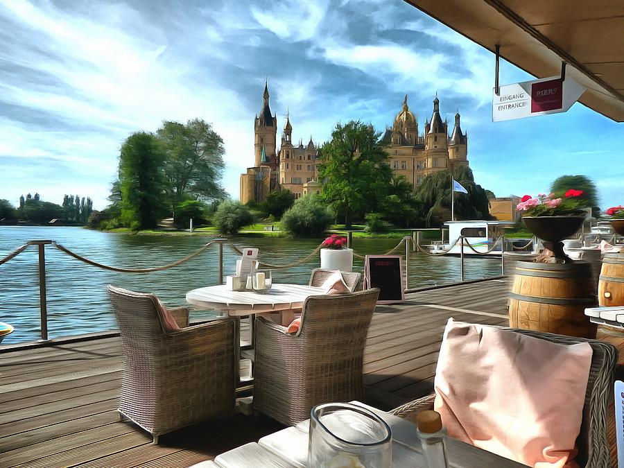 Pier Restaurant with castle view Digital Art by Marina Kaehne