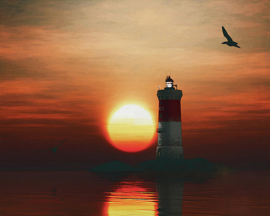 Pierres Noires Lighthouse with a sunset Painting by Jan Keteleer