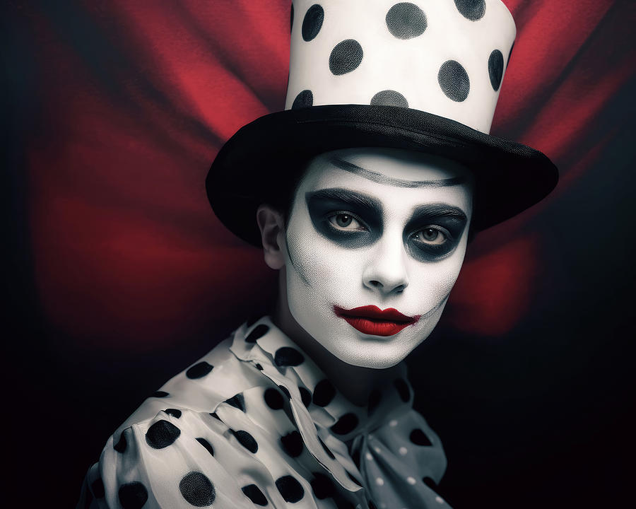 Pierrot portrait painting in black and white and red Digital Art by ...