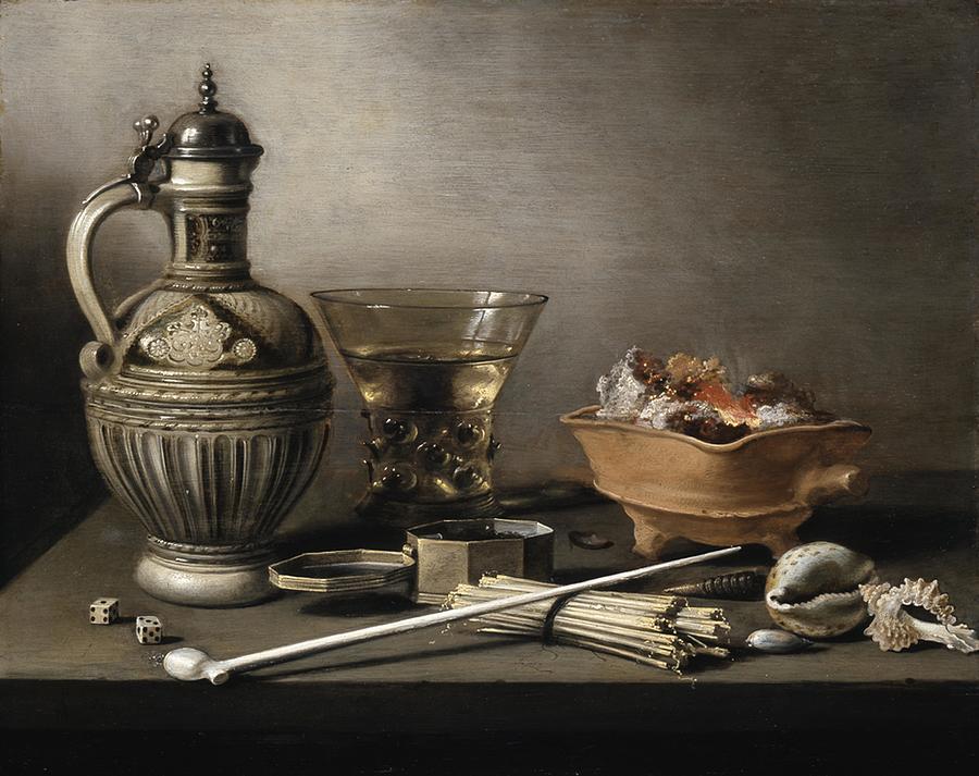 Still Life Painting - Pieter Claesz. - Still Life with a Stoneware Jug, Berkemeyer, and Smoking Utensils by Les Classics