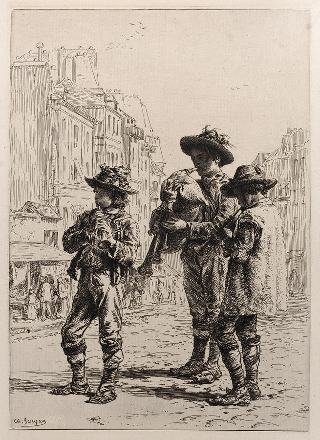 Pifferaris Drawing by Charles-Emile Jacque