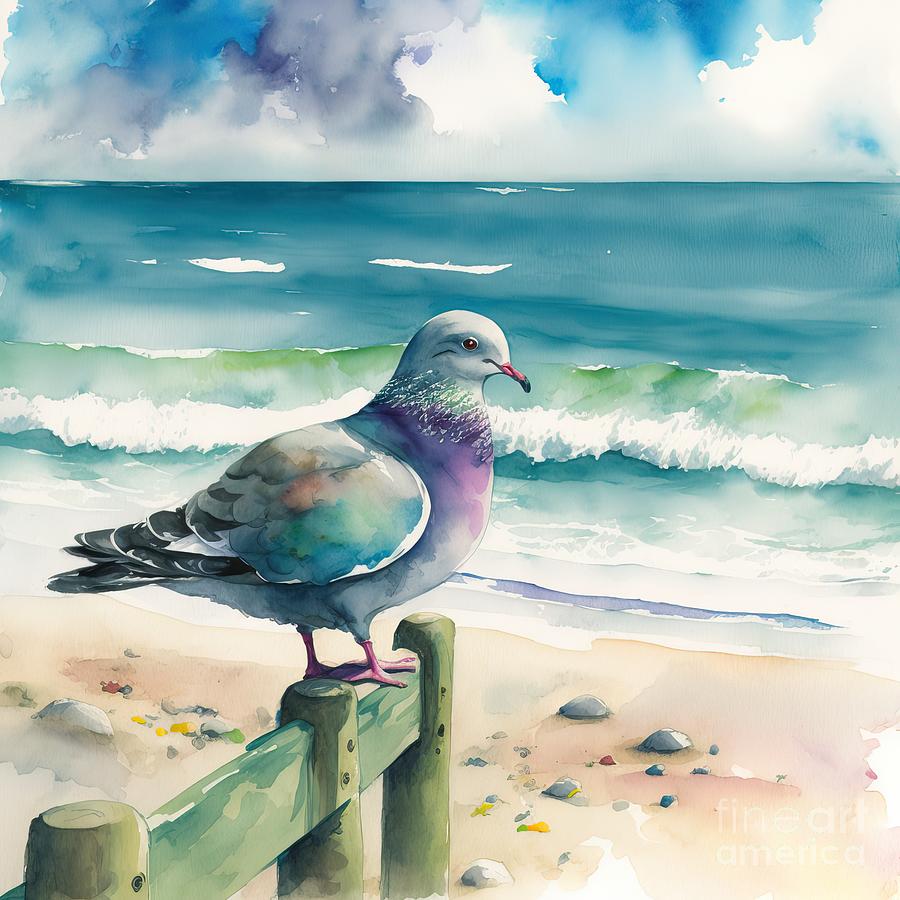 Nature Painting - Pigeon At Beach by N Akkash