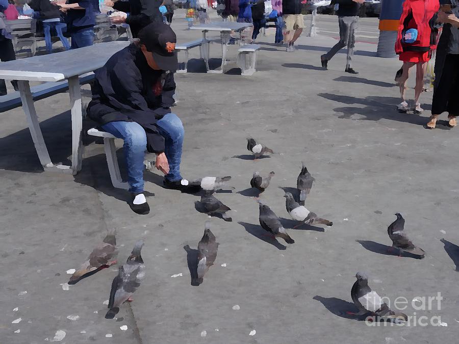 Pigeon Feeding Digital Art