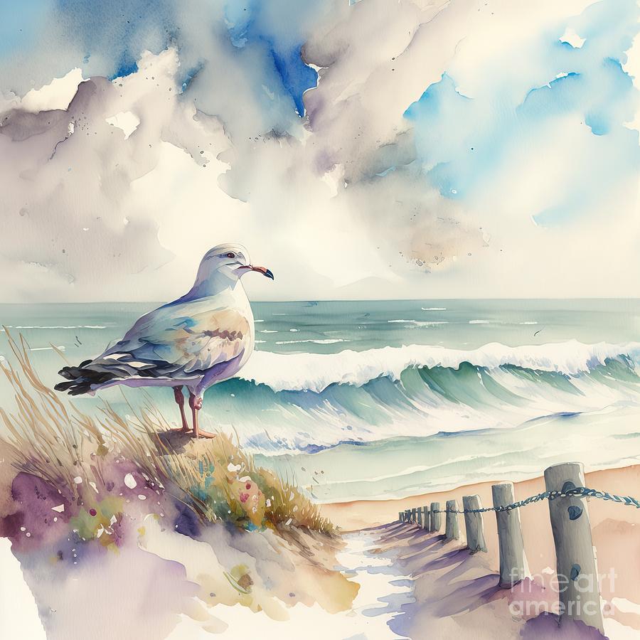 Nature Painting - Pigeon On Rocket At Beach by N Akkash