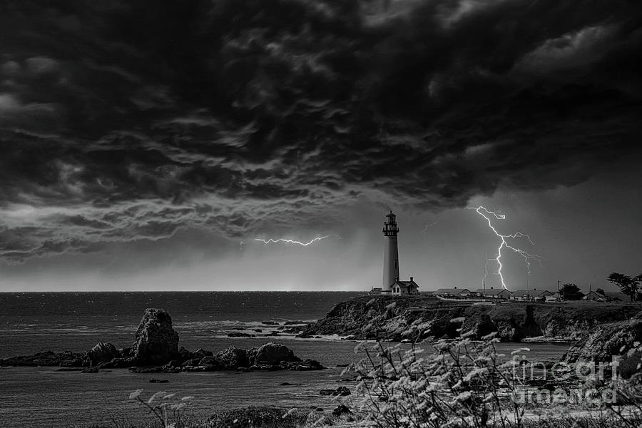 Pigeon Point Lighthouse BW Lightning  Photograph by Chuck Kuhn