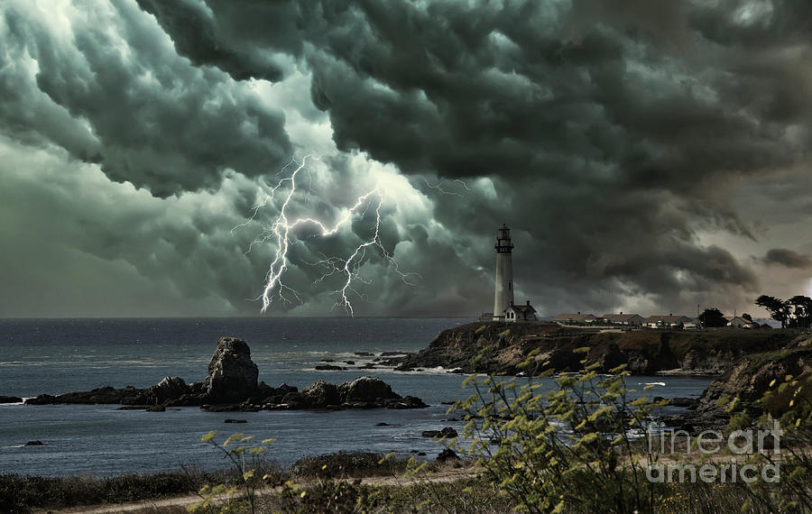Pigeon Point Lighthouse California Lightning  Photograph by Chuck Kuhn
