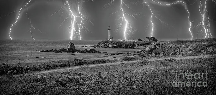 Pigeon Point Lighthouse Lightning BW  Photograph by Chuck Kuhn