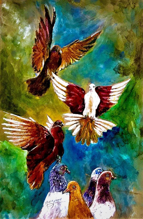 Pigeons flock Mixed Media by Khalid Saeed