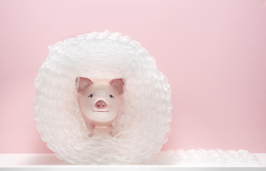 Piggy bank in bubble wrap Photograph by PM Images