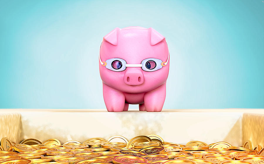 Piggy Bank ready to dive into a pool of gold coins Drawing by Paper Boat Creative