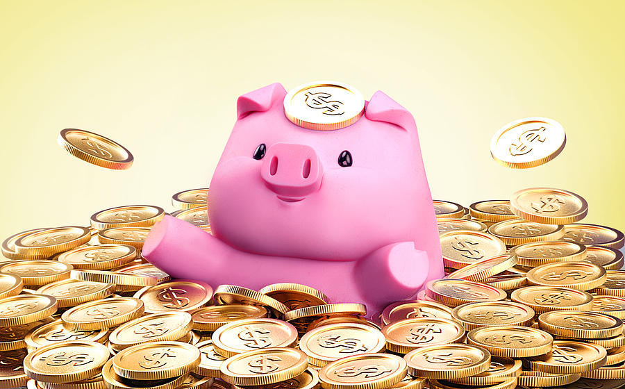 Piggy Bank swimming in a stack full of gold coins Drawing by Paper Boat Creative
