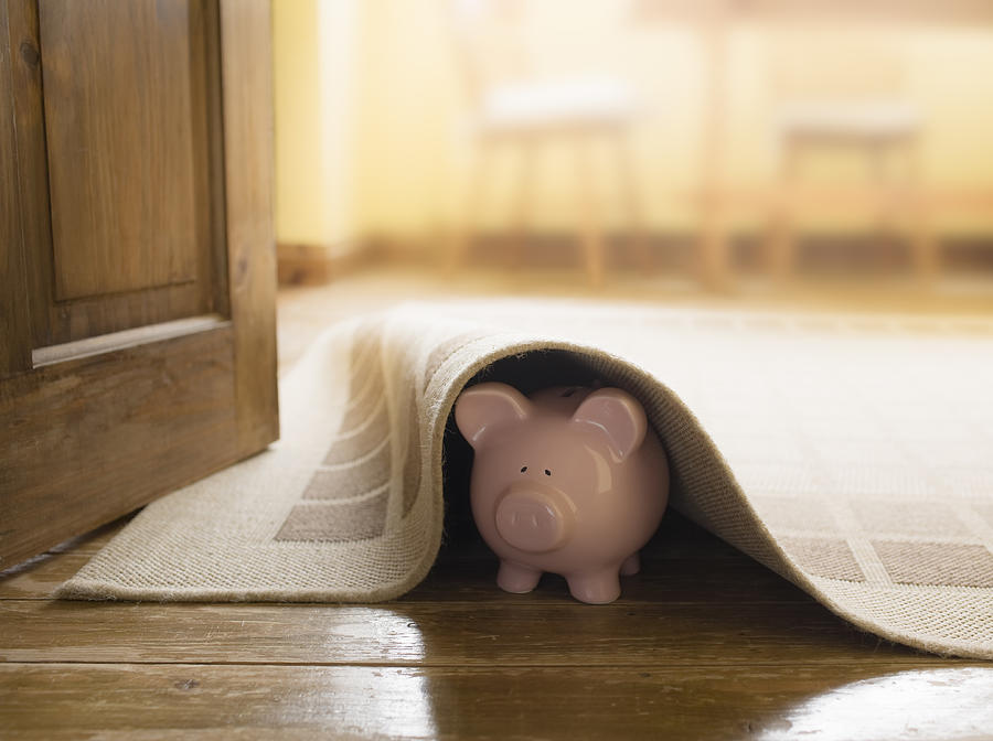 Piggy bank under rug Photograph by Dan Brownsword