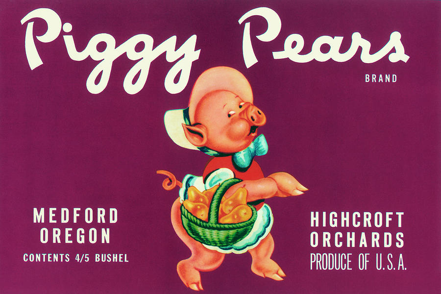 Vintage Drawing - Piggy Pears Crate Label by Vintage Food Labels