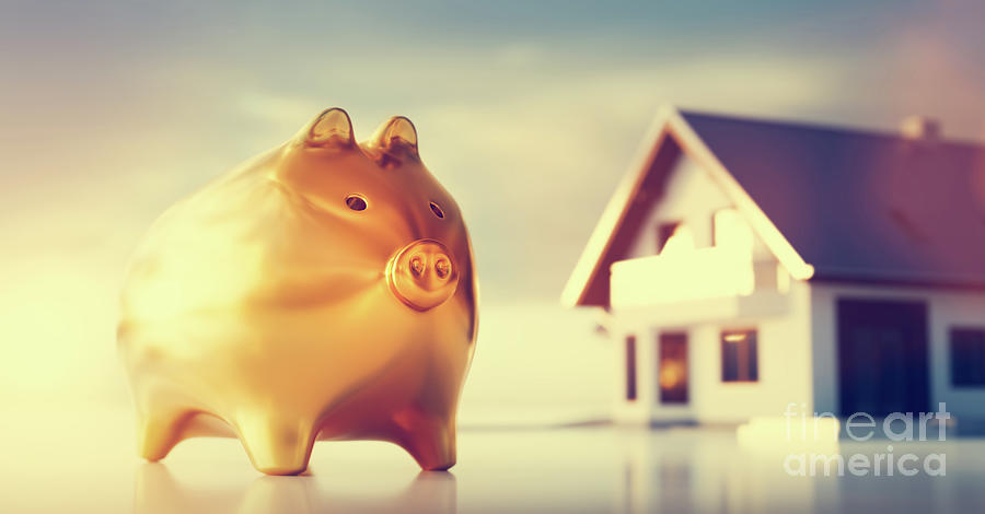 Piggybank And New House, Saving For Home, Mortgage. Photograph