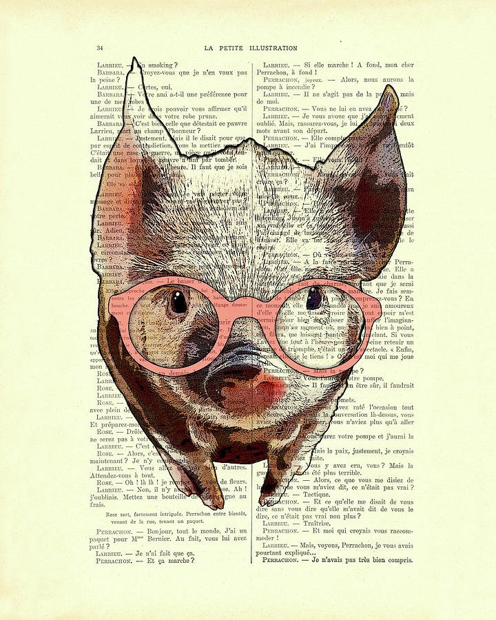 Pig Mixed Media - Piglet with pink glasses by Madame Memento