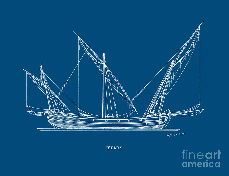 Pigos - traditional Greek sailing ship - Blueprint Drawing by Panagiotis Mastrantonis