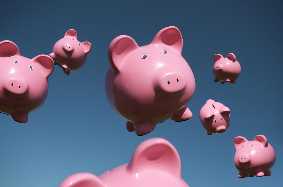 Pigs Fly in Sky Full of Flying Pink Piggy Banks Photograph by PeskyMonkey