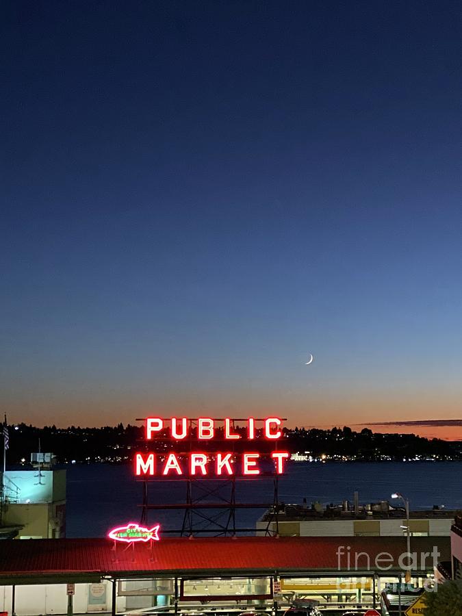 Seattle Photograph - Pike place waning moon by LeLa Becker
