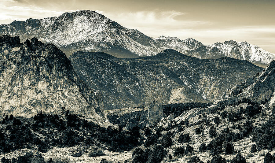 Colorado Springs Photograph - Pikes Peak and Garden of the Gods Mountain Landscape in Sepia by Gregory Ballos